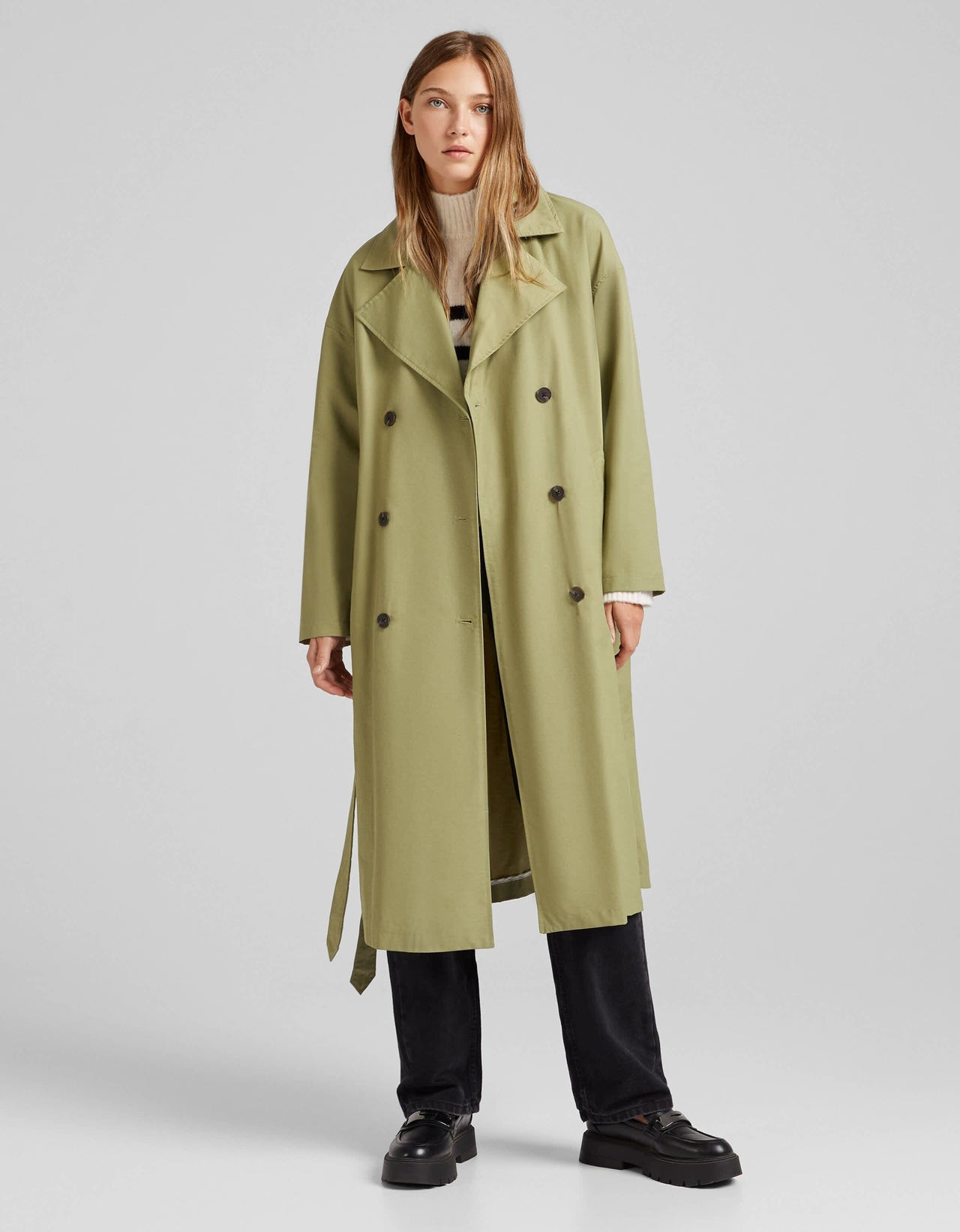 Bershka long trench coat in khaki