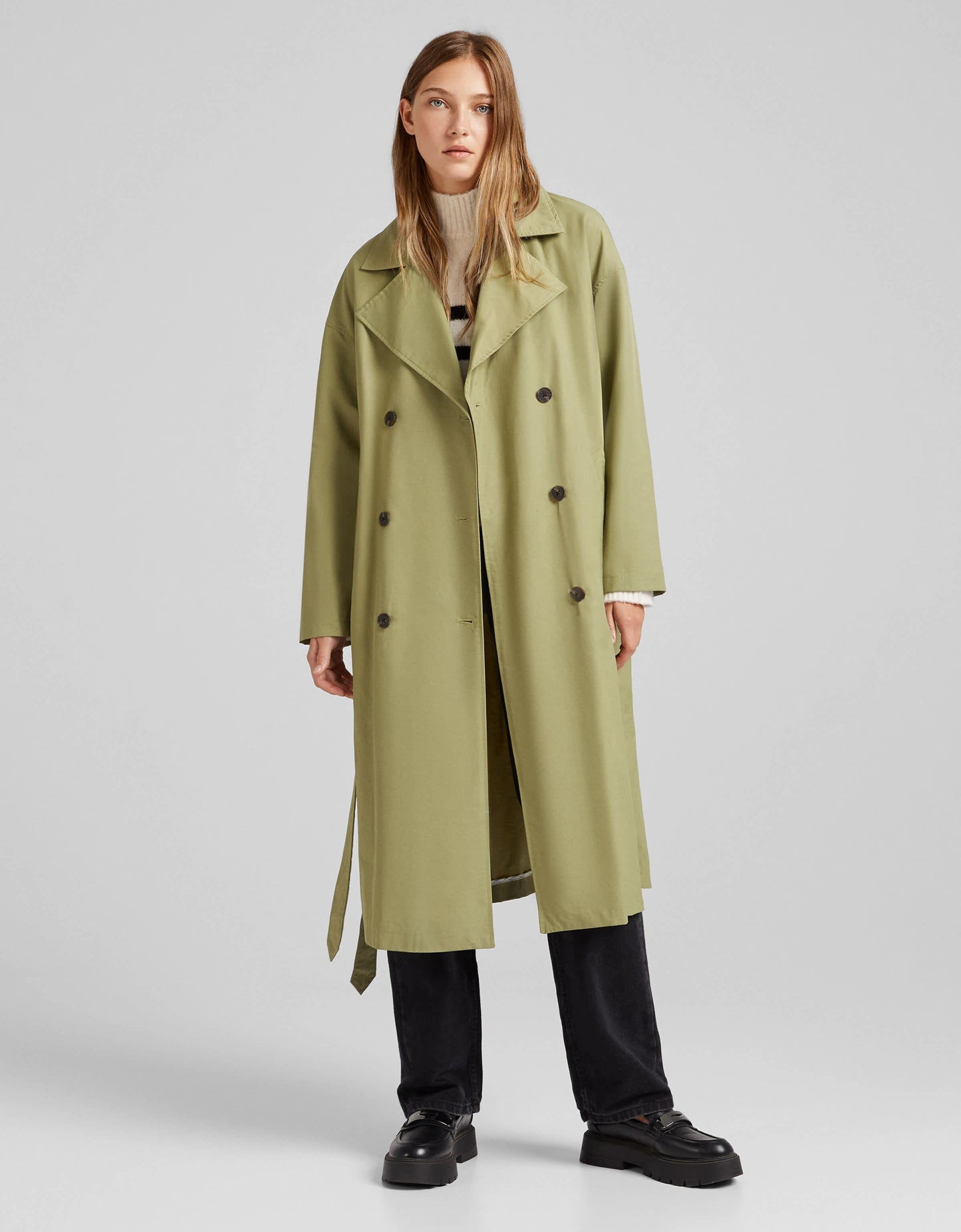 Bershka long trench coat in khaki