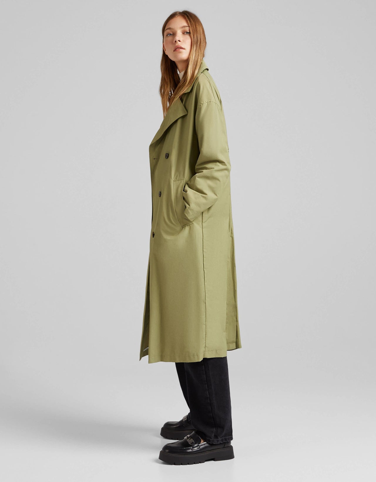 Bershka long trench coat in khaki