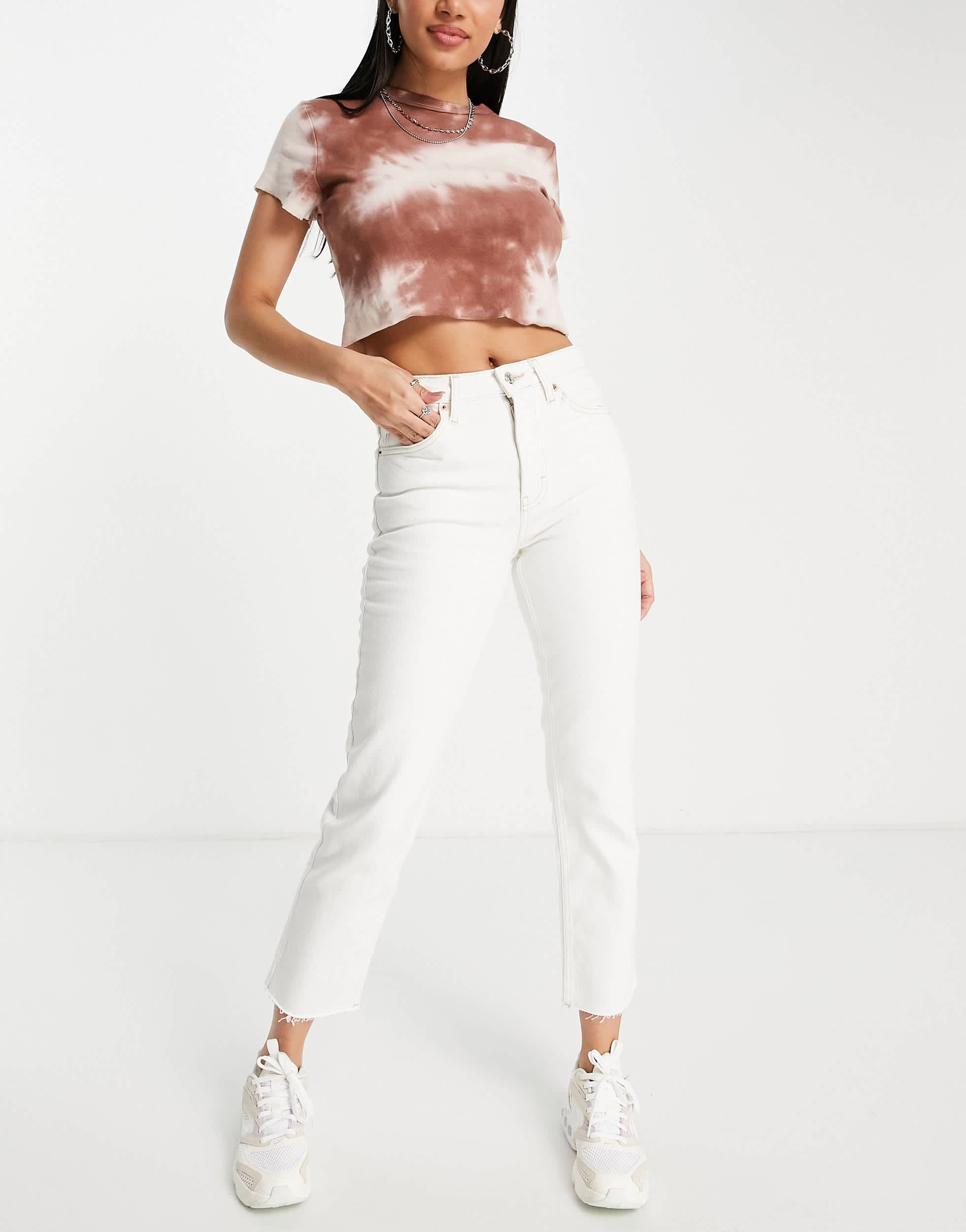 Topshop mid rise straight cropped jean with raw hems in white