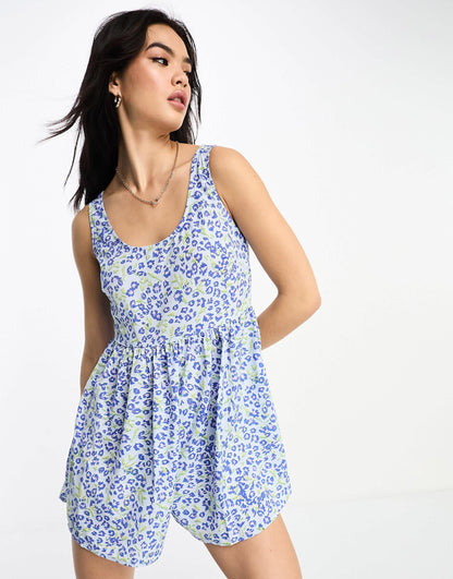 Urban Threads floaty playsuit in blue ditsy floral print