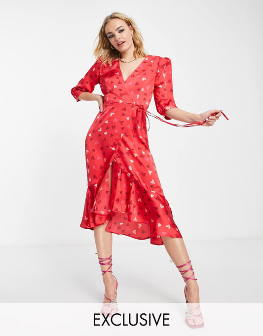 Liquorish Valentines exclusive wrap midi dress with frill hem in red heart print