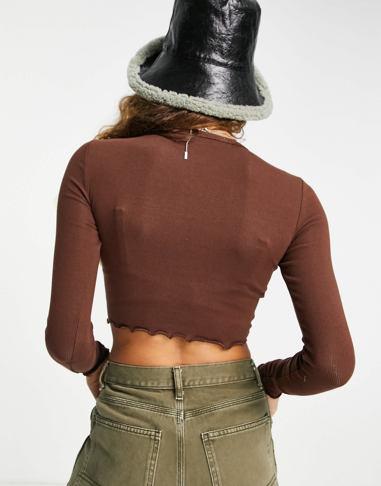 Bershka lettuce hem long sleeve t-shirt in chocolate