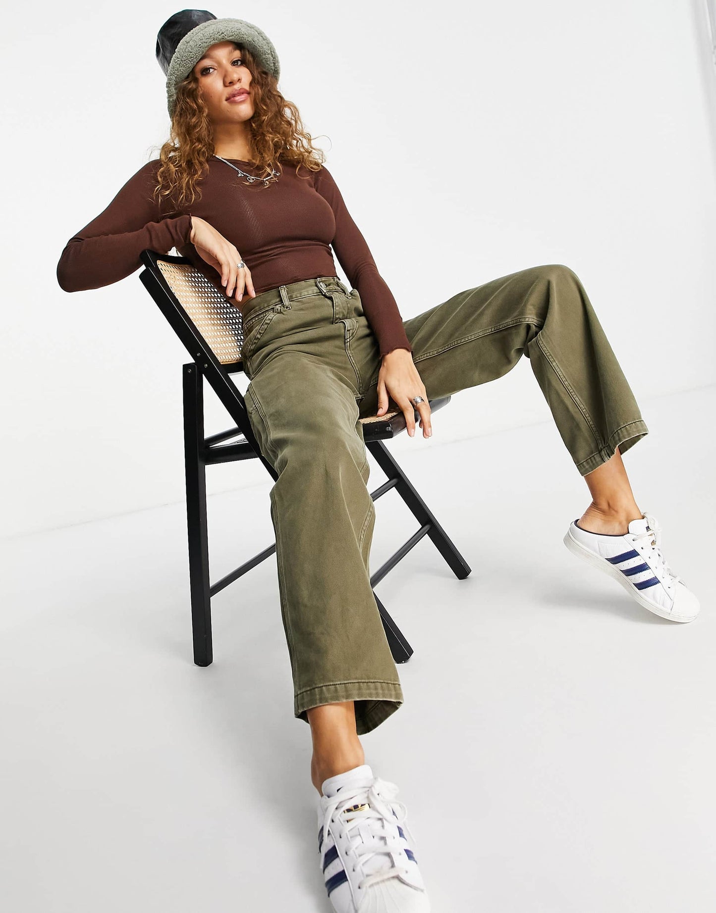 Bershka lettuce hem long sleeve t-shirt in chocolate