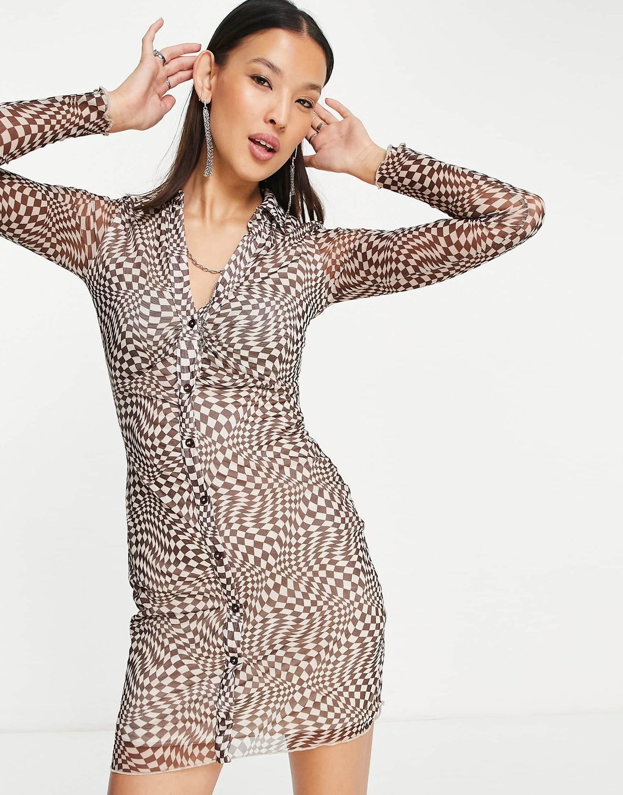 Bershka mesh shirt dress in brown retro checkerboard print