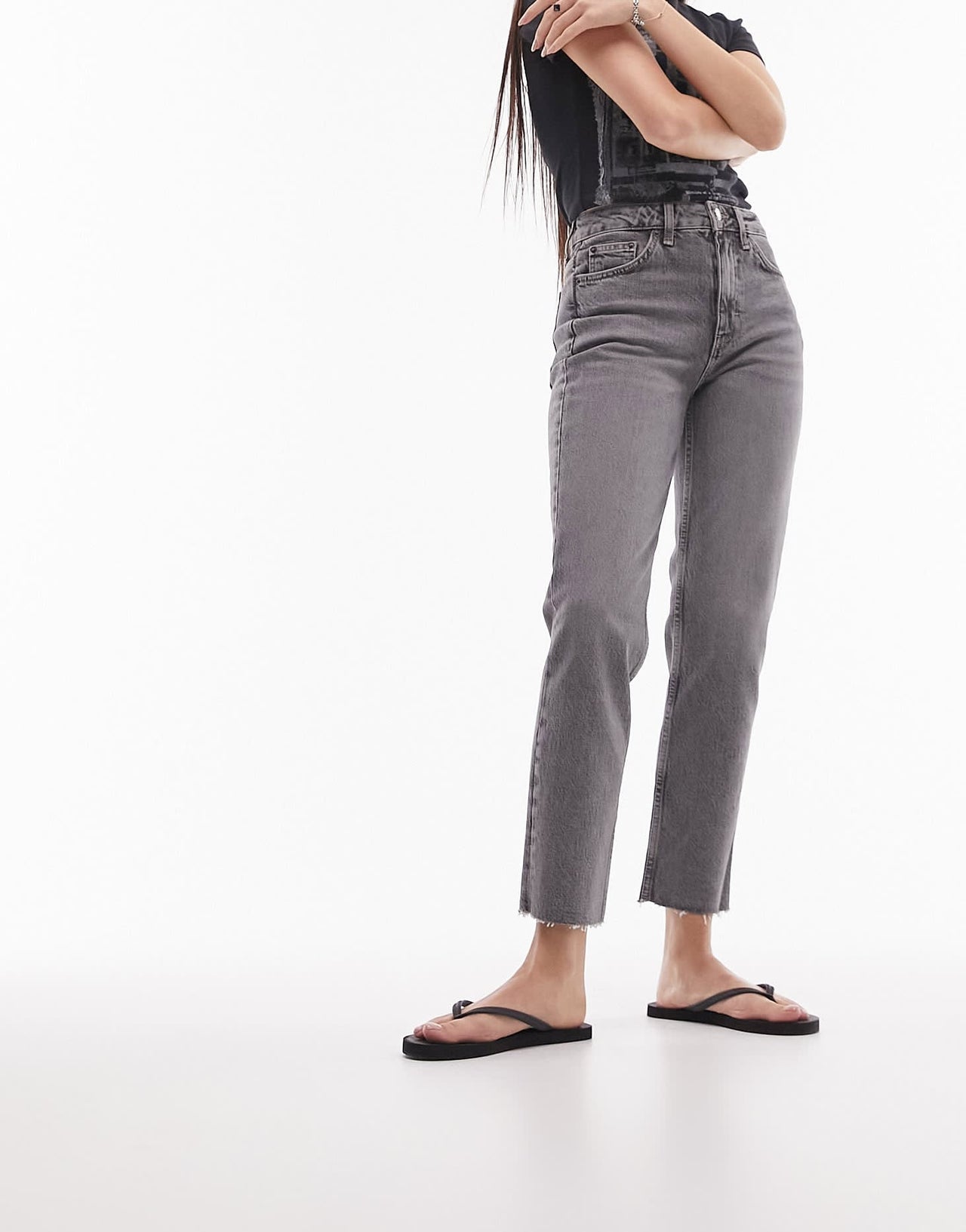 Topshop cropped mid rise with raw hems straight jeans in grey