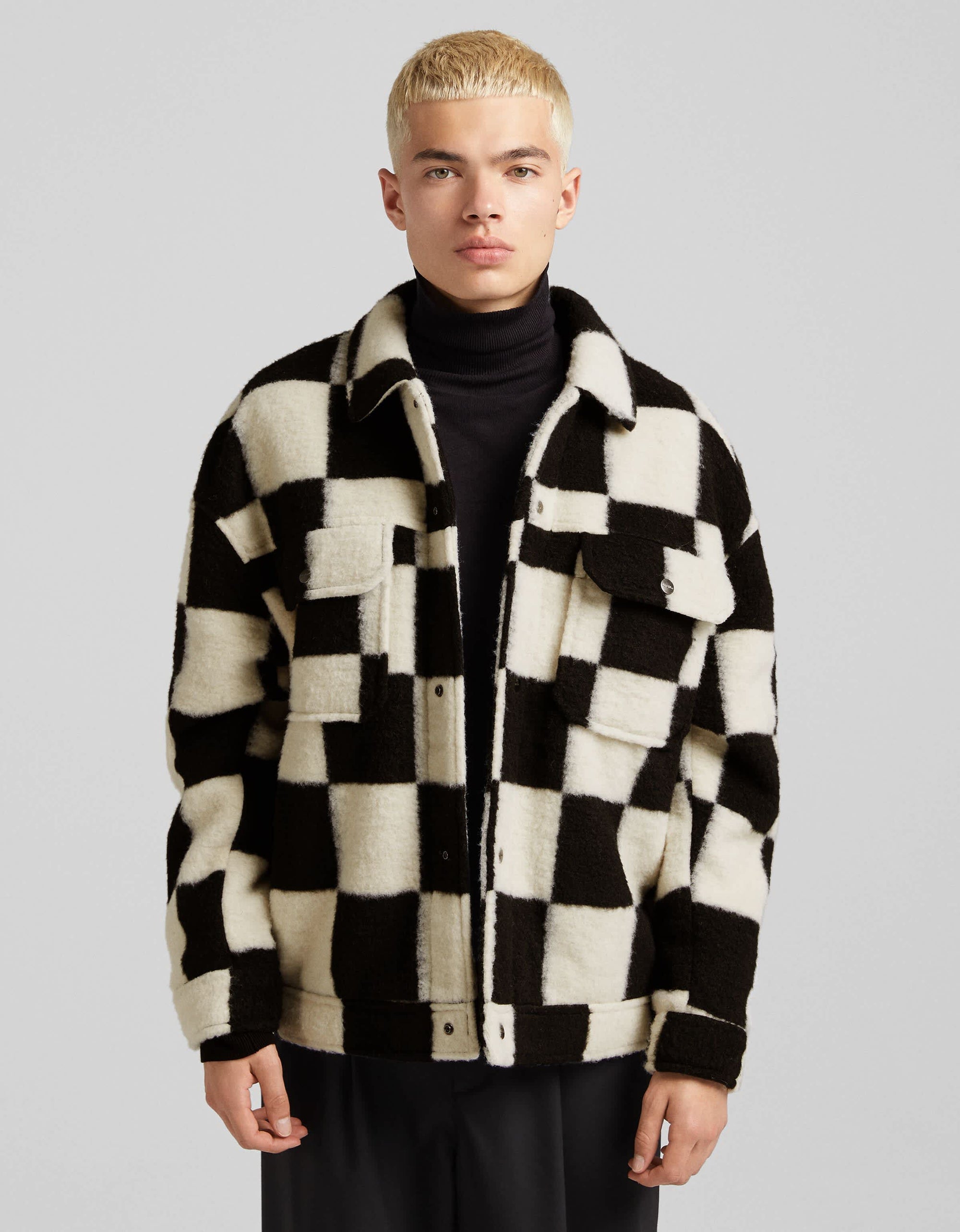Bershka trucker jacket in beige check