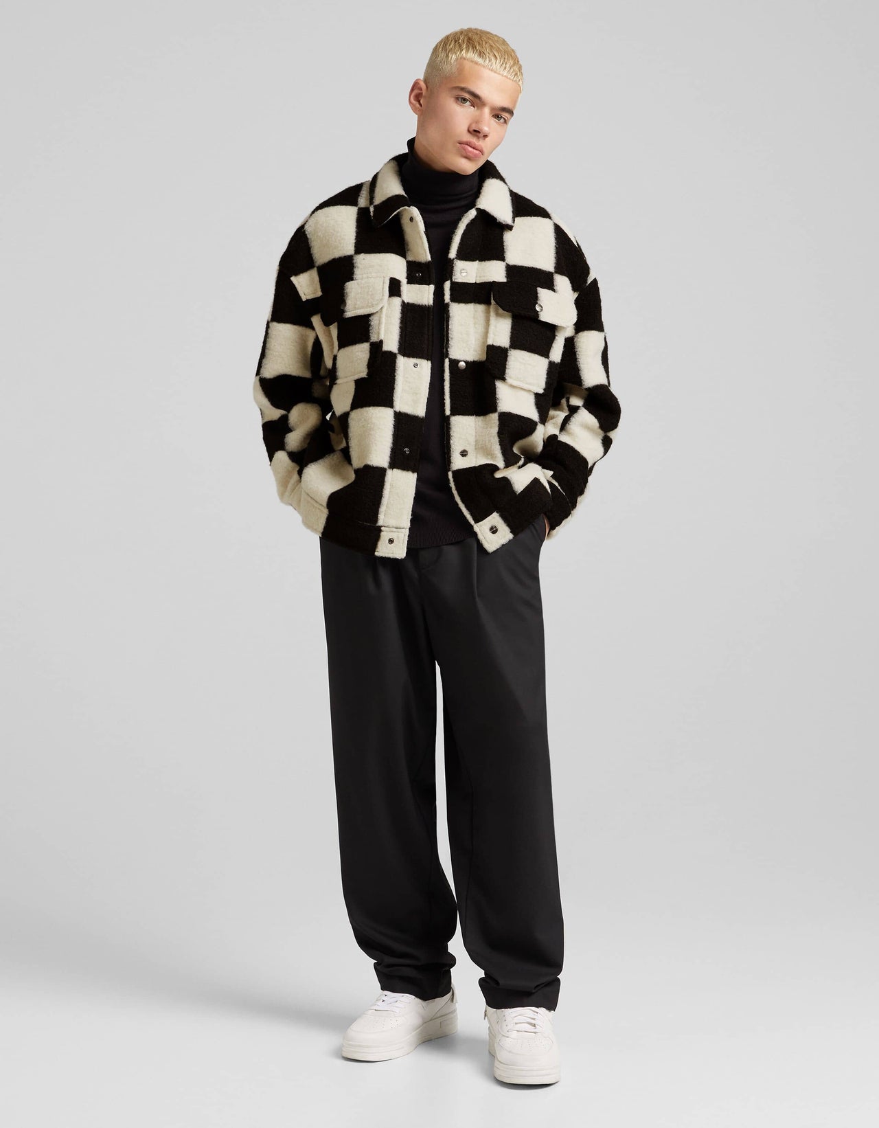 Bershka trucker jacket in beige check
