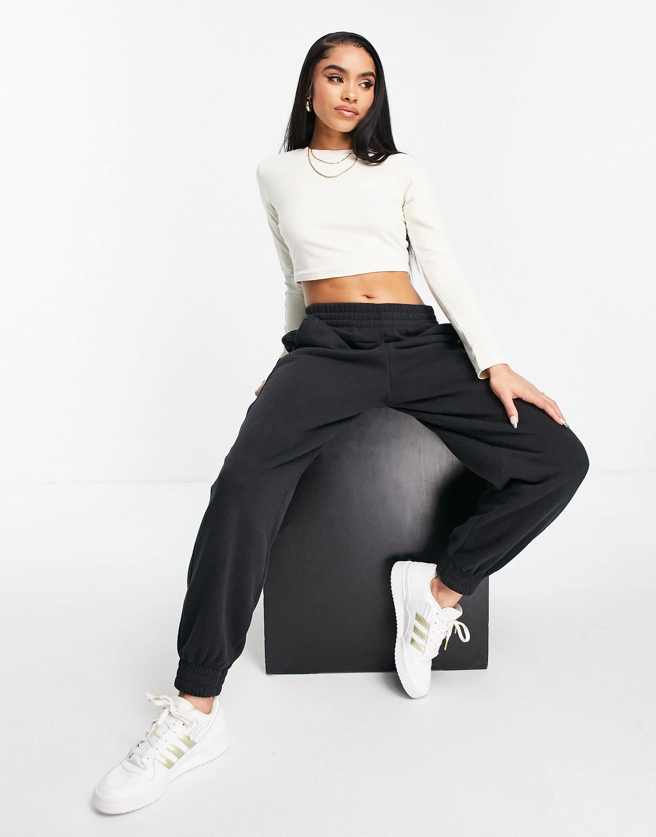 adidas Originals Relaxed Risque long sleeve crop top in off white
