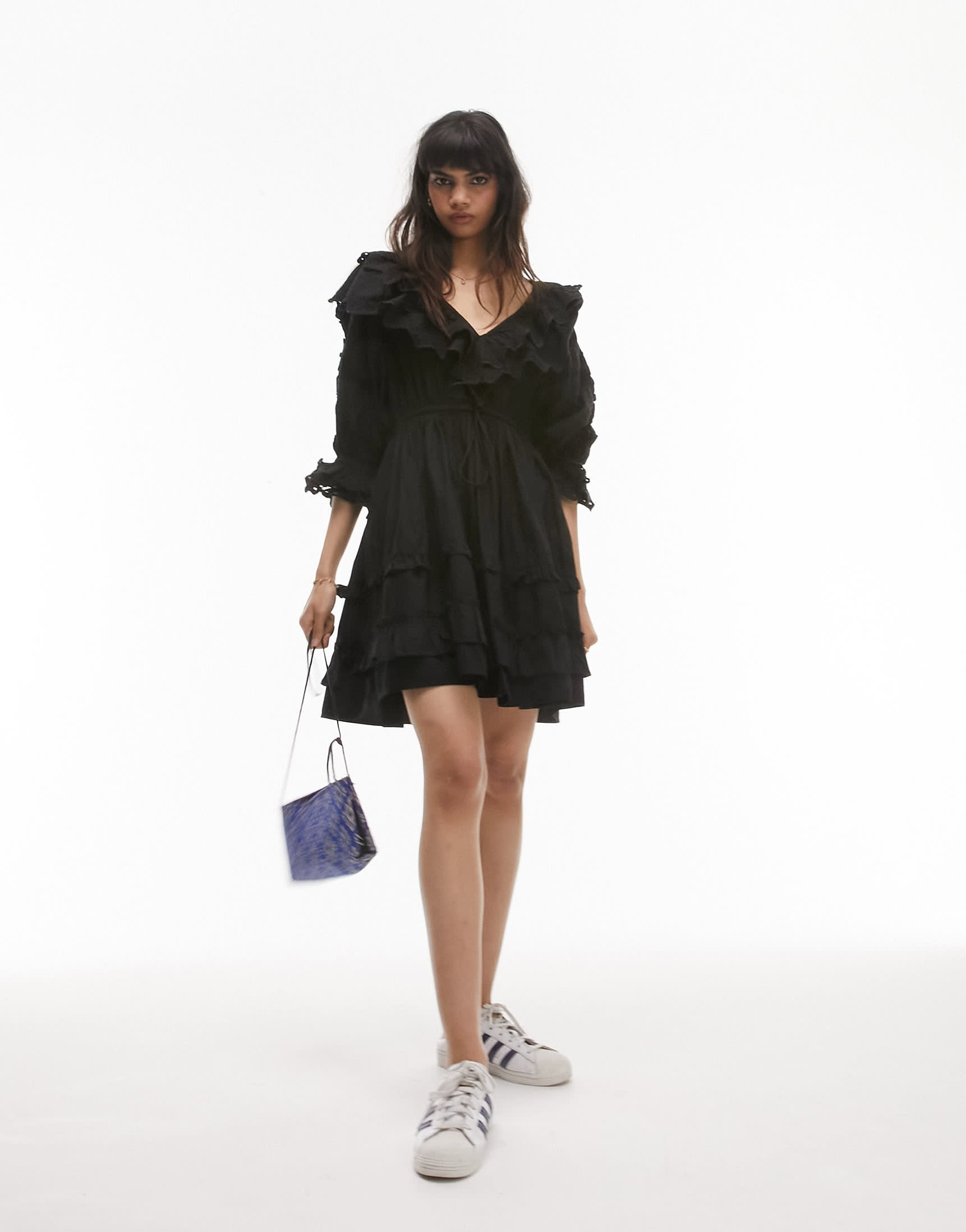 Topshop ruffle broderie mini dress in black