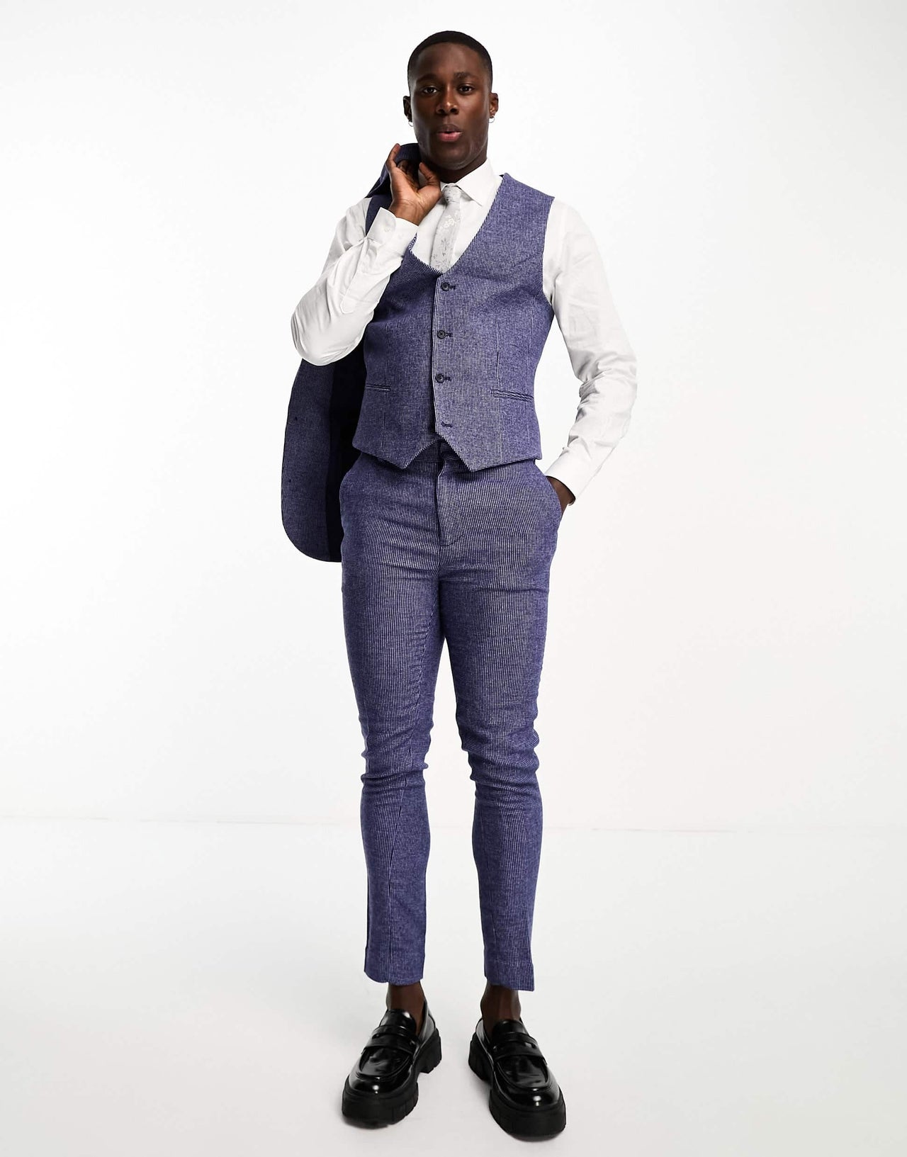 ASOS DESIGN wedding super skinny wool mix puppytooth waistcoat in navy