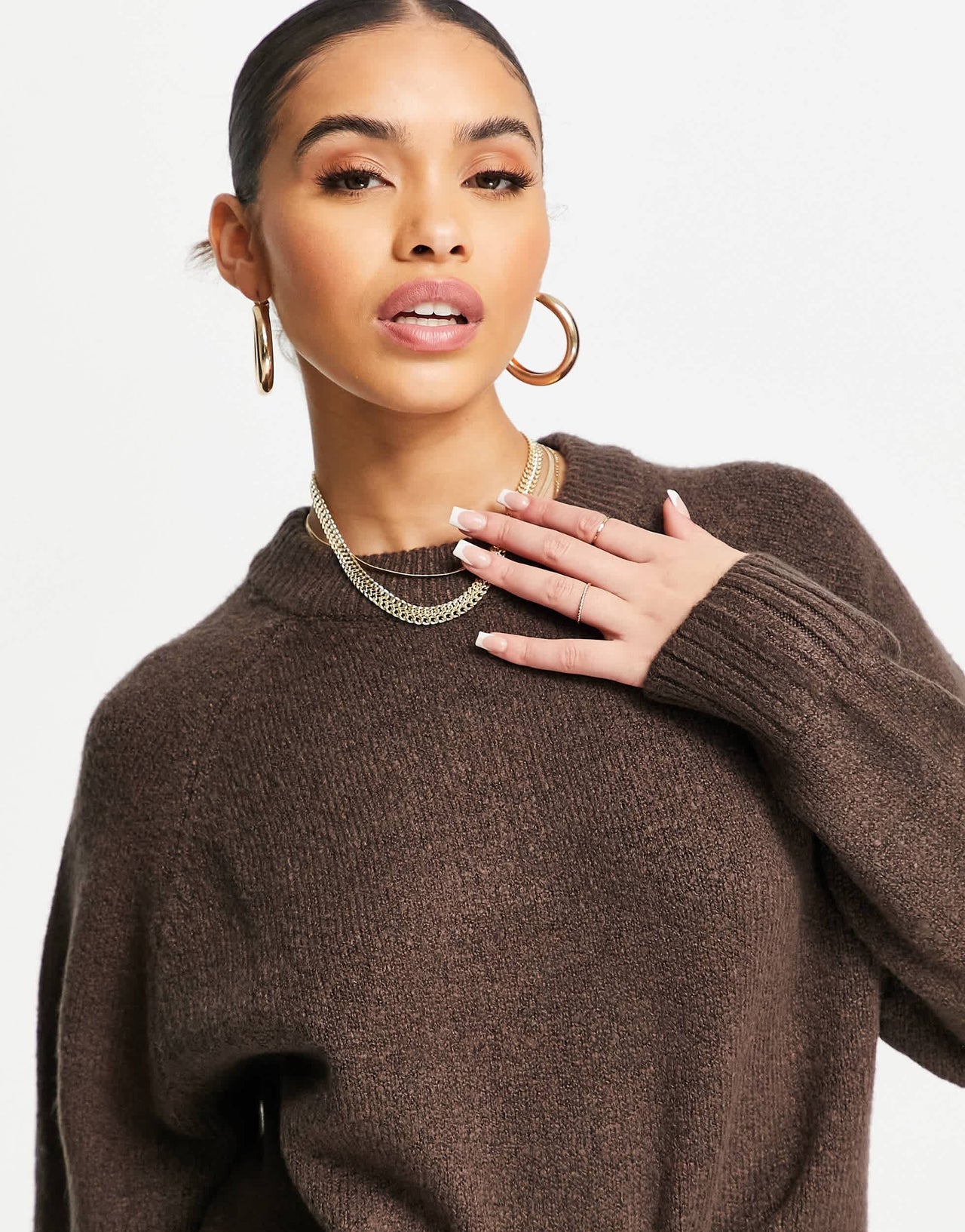 Pull&Bear knitted crew neck jumper in brown