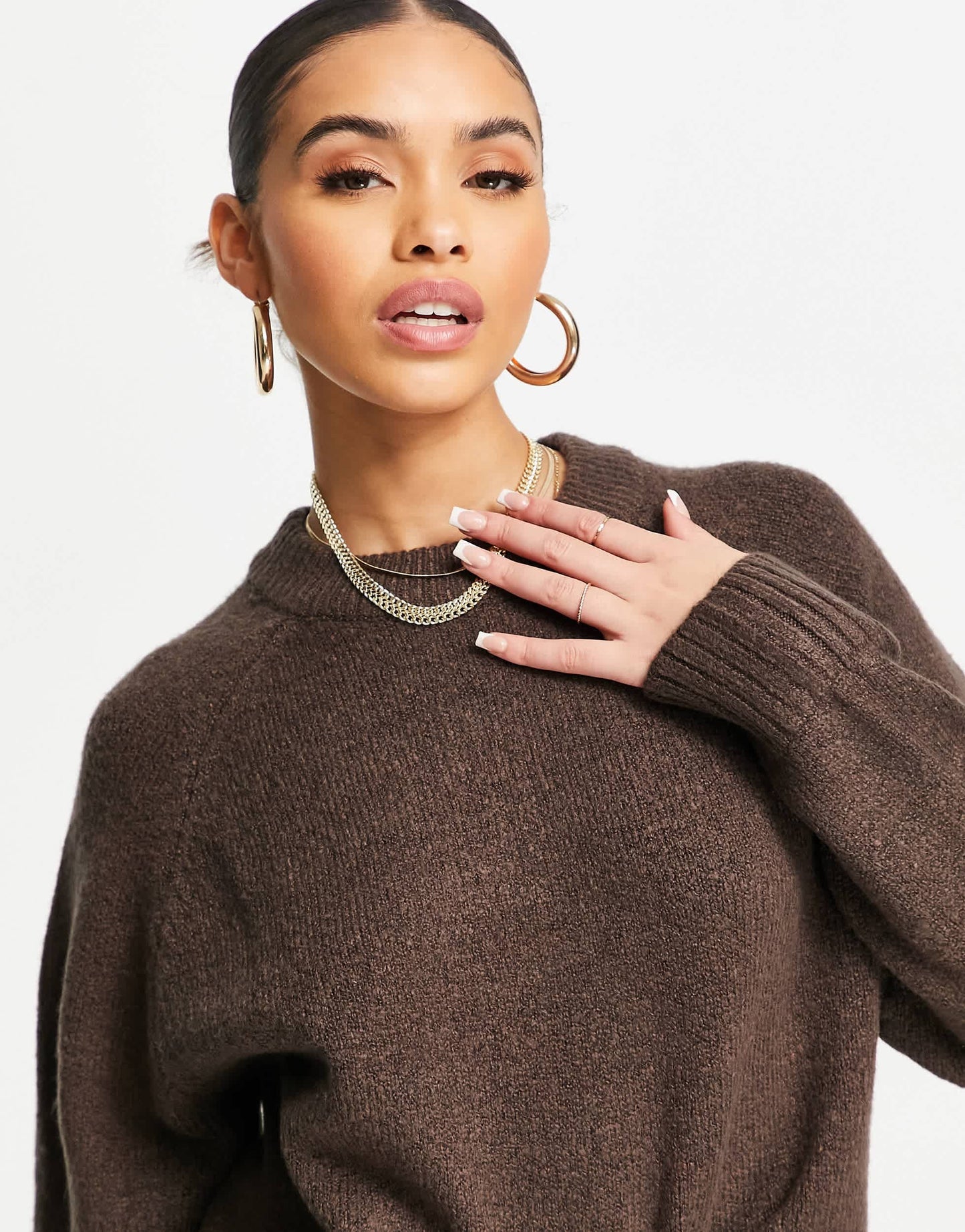 Pull&Bear knitted crew neck jumper in brown