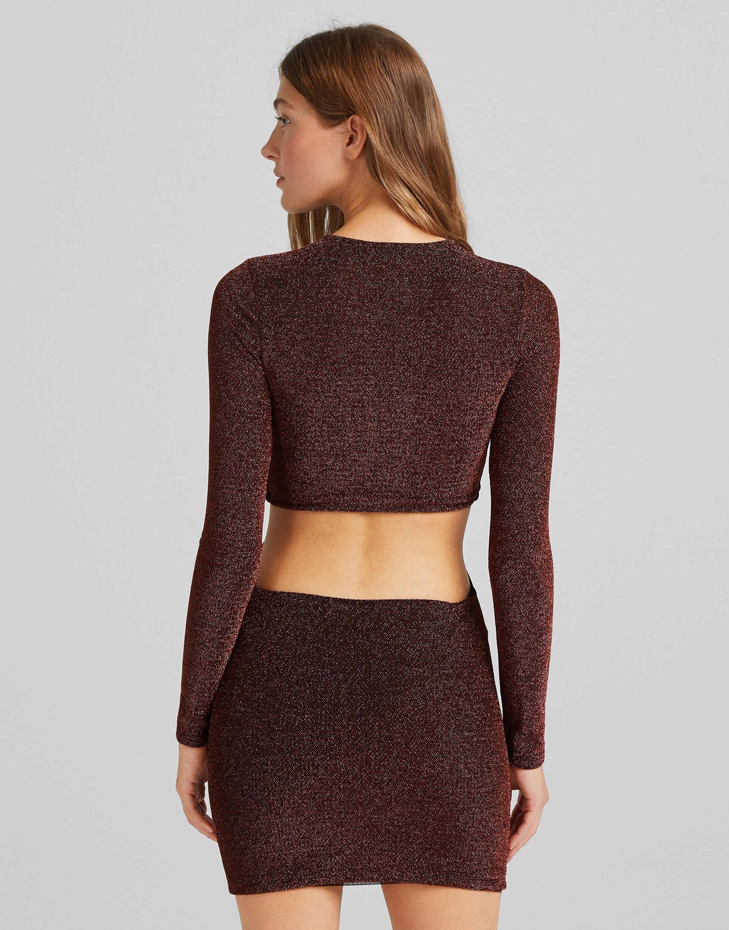 Bershka cut out twist detail glitter dress in copper