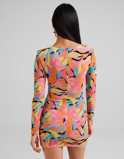 Bershka velvet bright printed bodycon dress with ring detail in multi