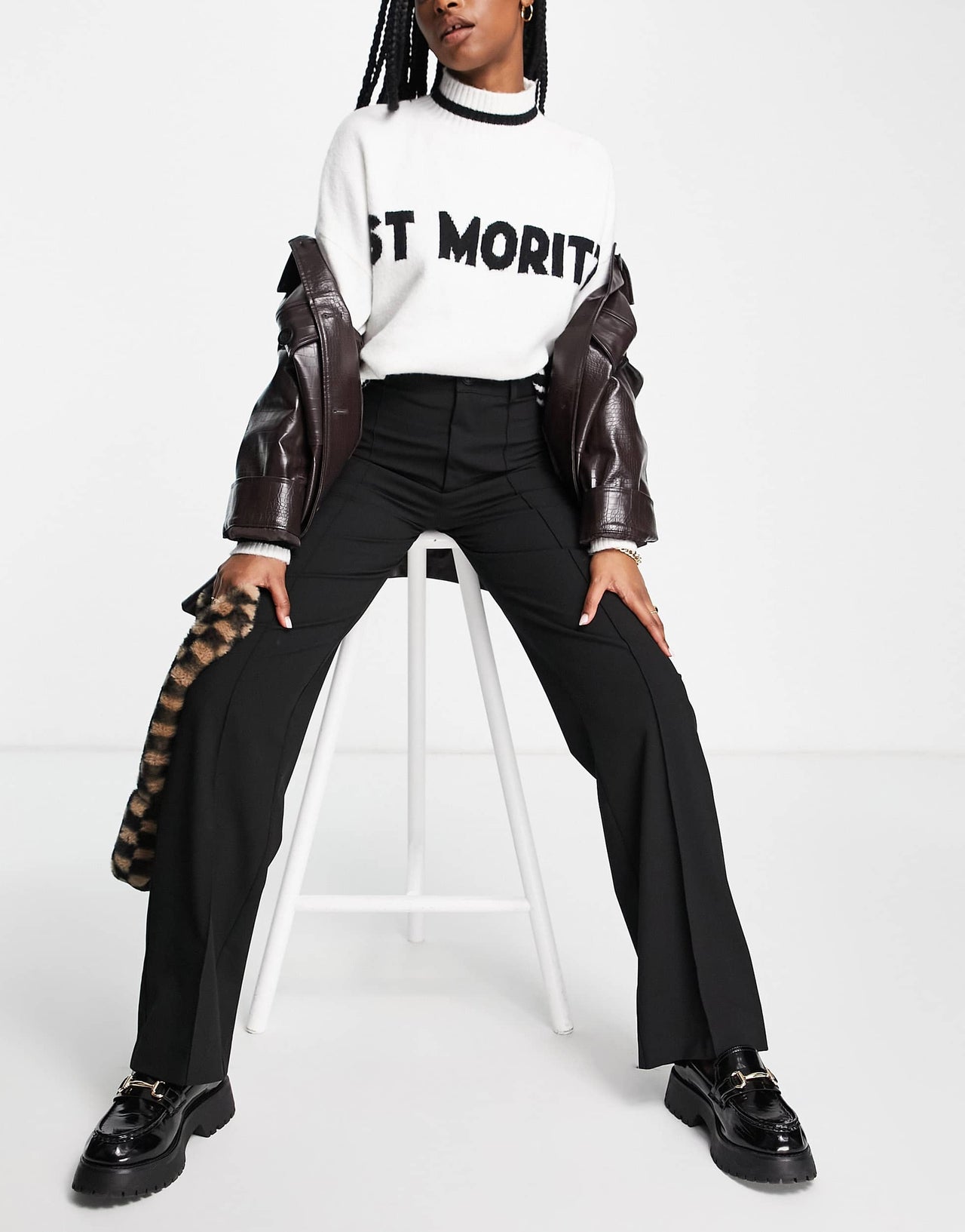 Pull&Bear high waisted tailored straight leg trouser with front seam in black