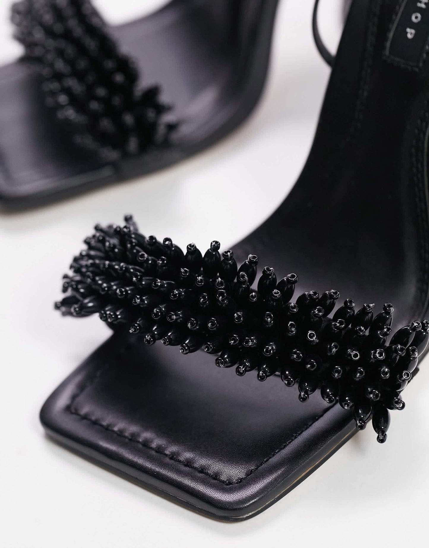 Topshop Riley beaded trim heeled sandal with ankle tie in black