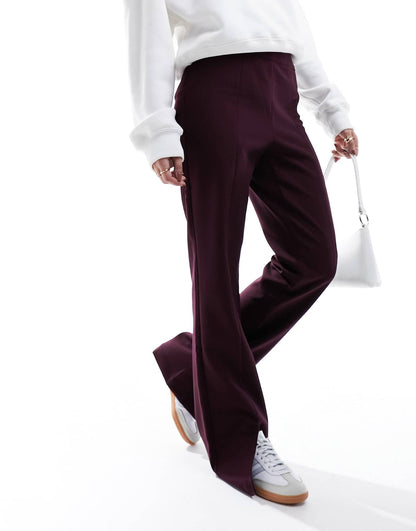 YAS high waisted split hem trousers in burgundy - BLACK