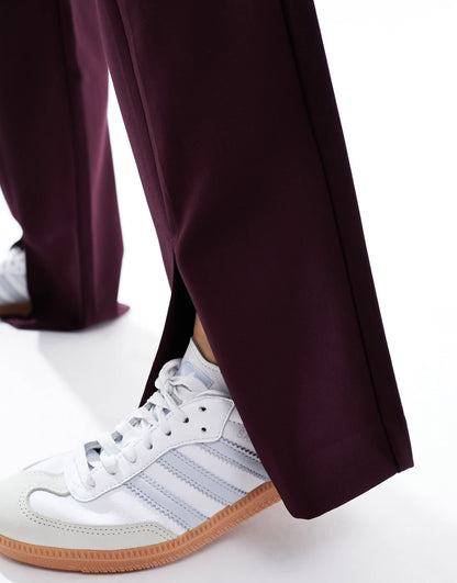 YAS high waisted split hem trousers in burgundy - BLACK