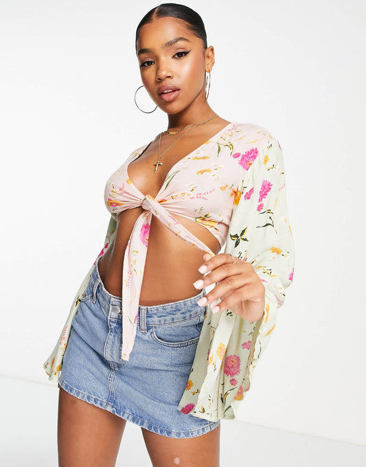 Raga Flores cropped tie waist top co-ord in multi