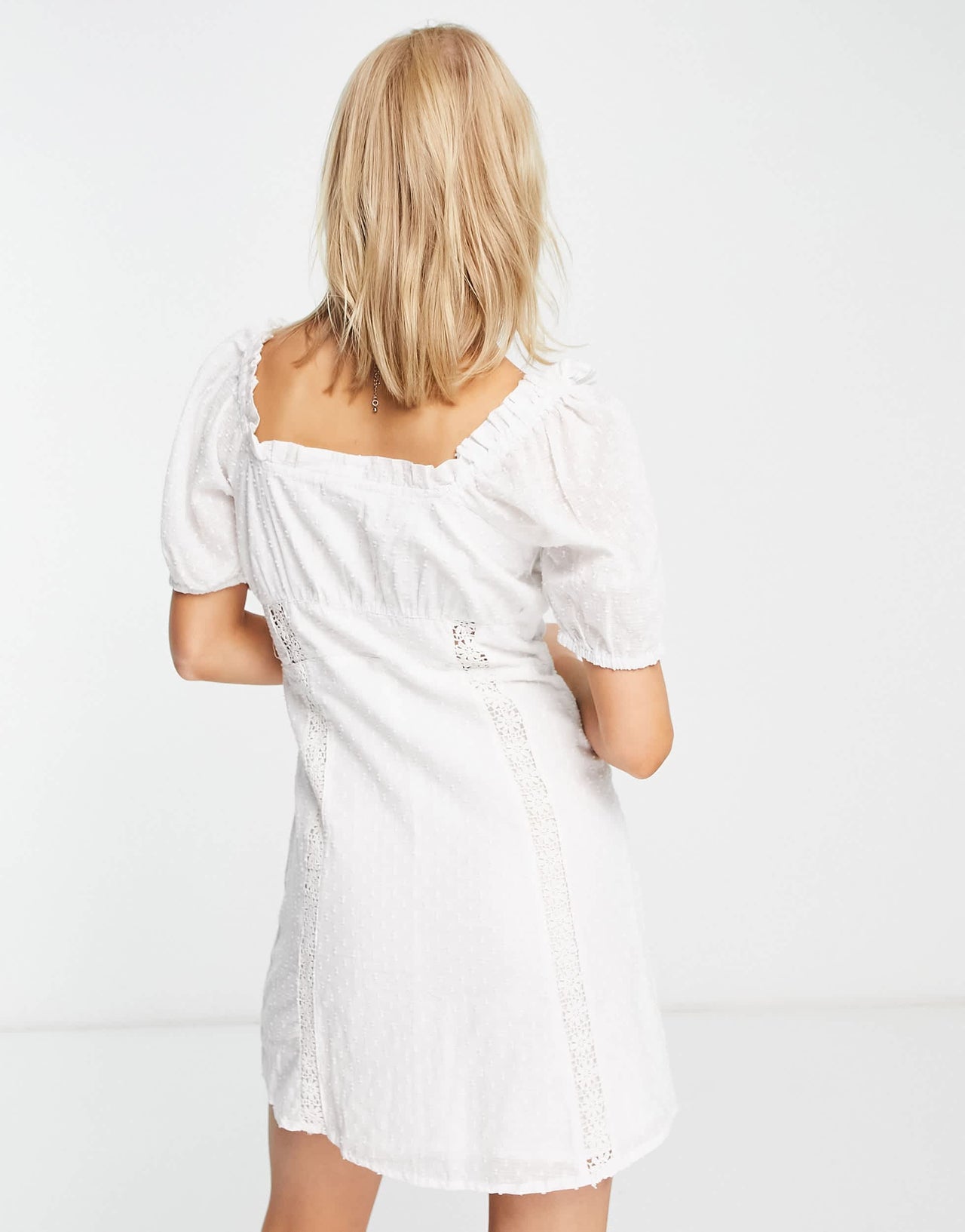 Violet Romance textured mini dress with crochet detail in white