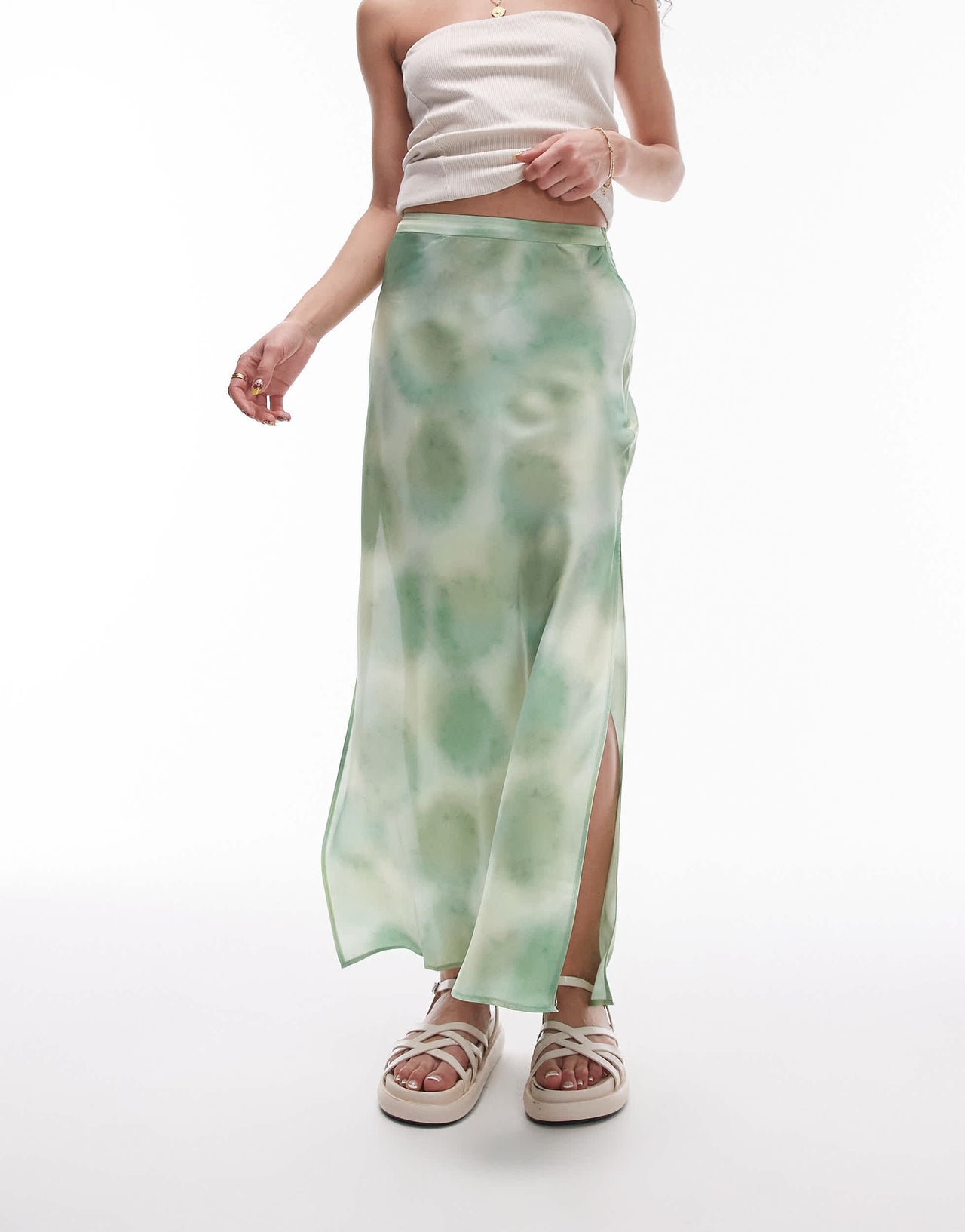 Topshop satin tie dye bias skirt in green