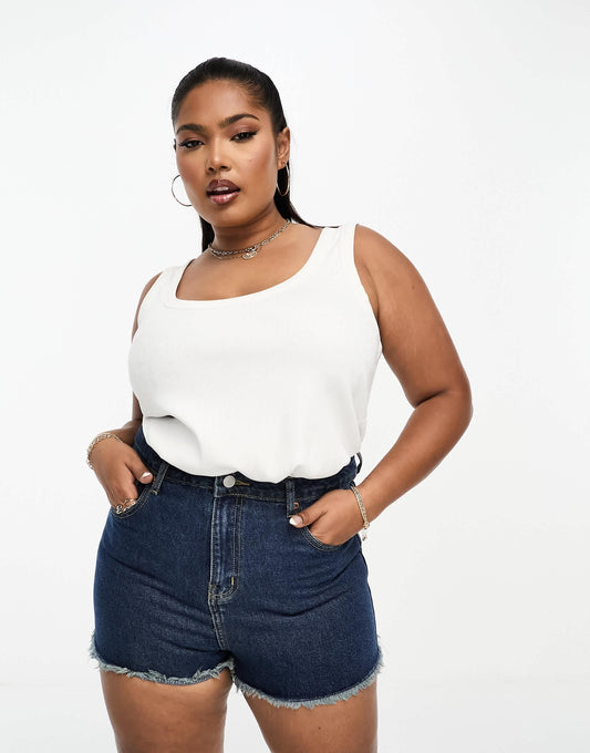 DTT Plus frayed hem shorts in dark wash blue