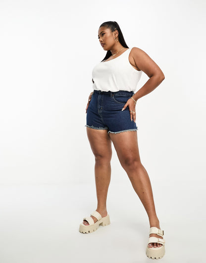 DTT Plus frayed hem shorts in dark wash blue
