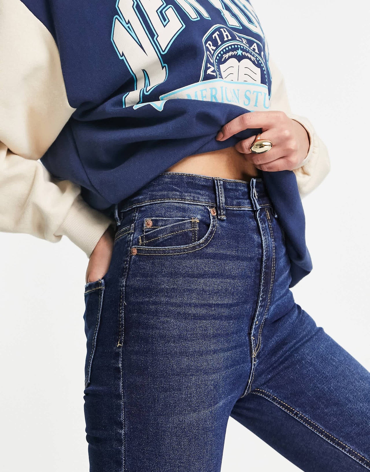 Stradivarius Tall super high waist skinny jean in mid blue