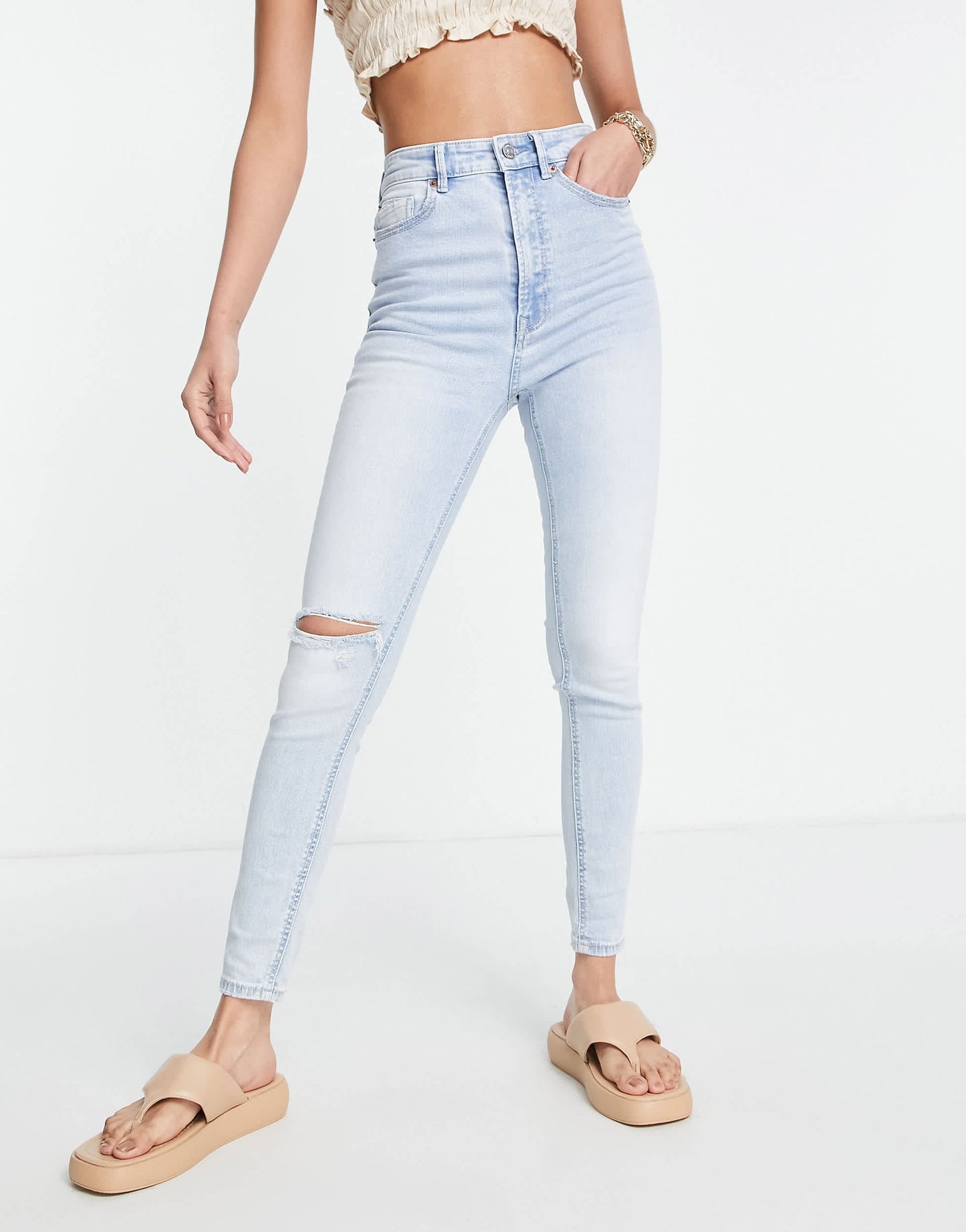 Stradivarius Tall super high waist skinny jean in in light blue