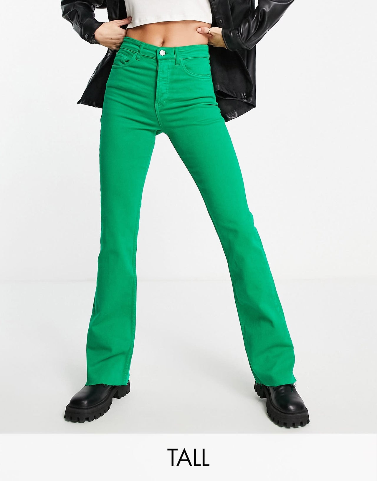 Stradivarius Tall slim flare jean with split detail in green