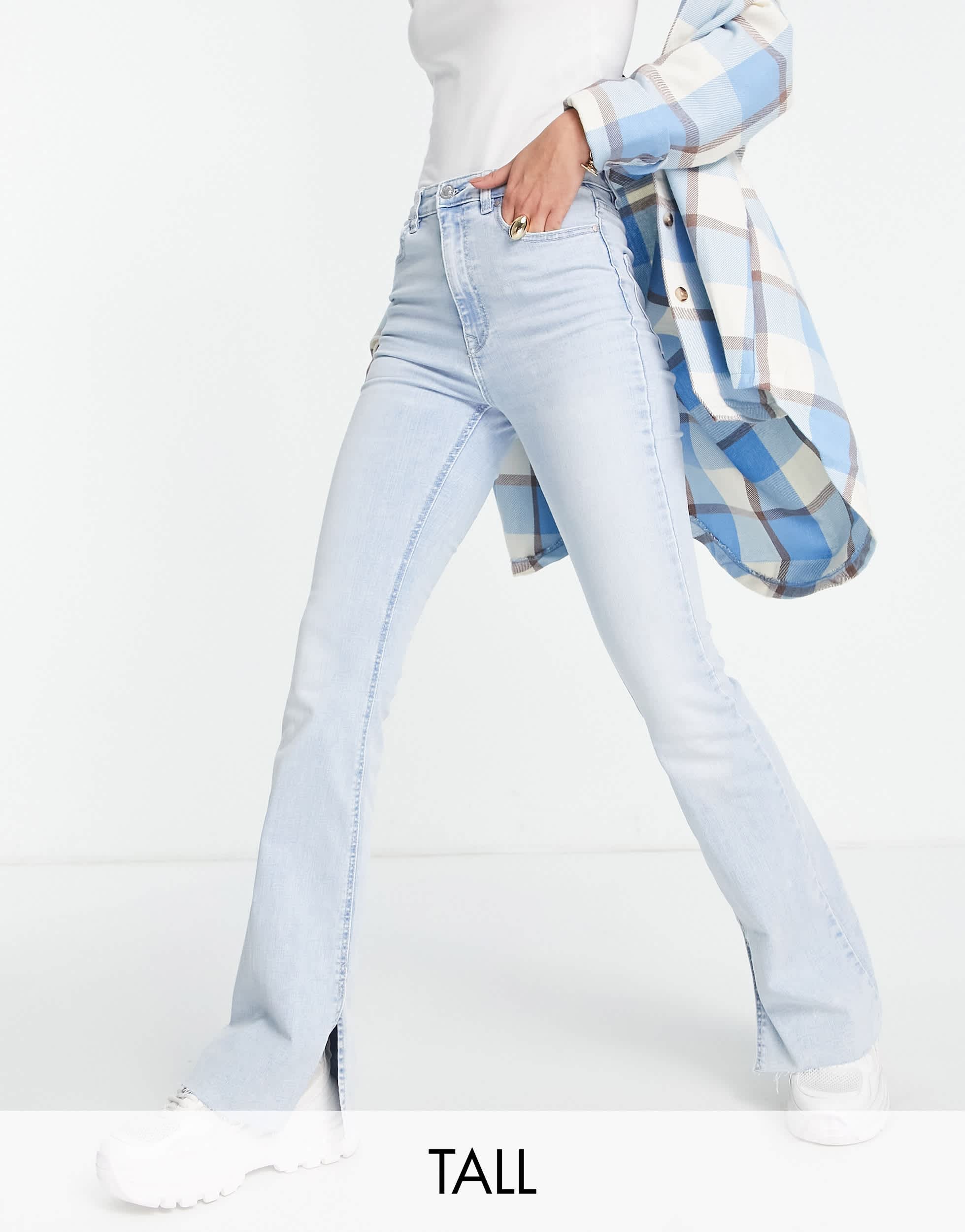 Stradivarius Tall stretch flare jean with split detail in light blue