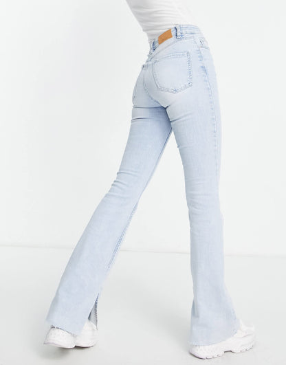 Stradivarius Tall stretch flare jean with split detail in light blue