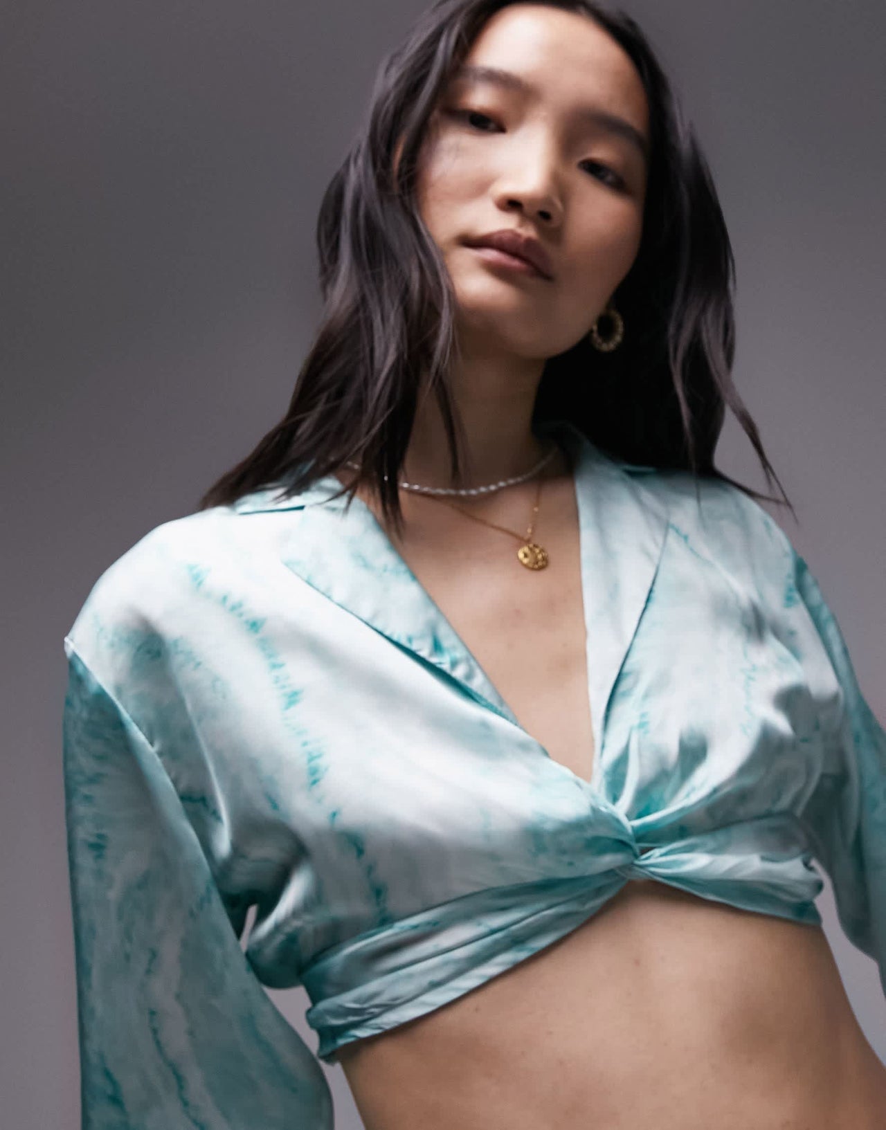 Topshop tie dye twist front satin blouse in green