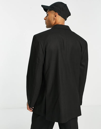 Topman double breasted oversized boxy pronounced twill suit jacket in black