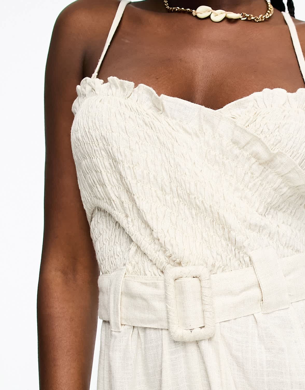ASOS DESIGN linen shirred bodice belt jumpsuit in stone