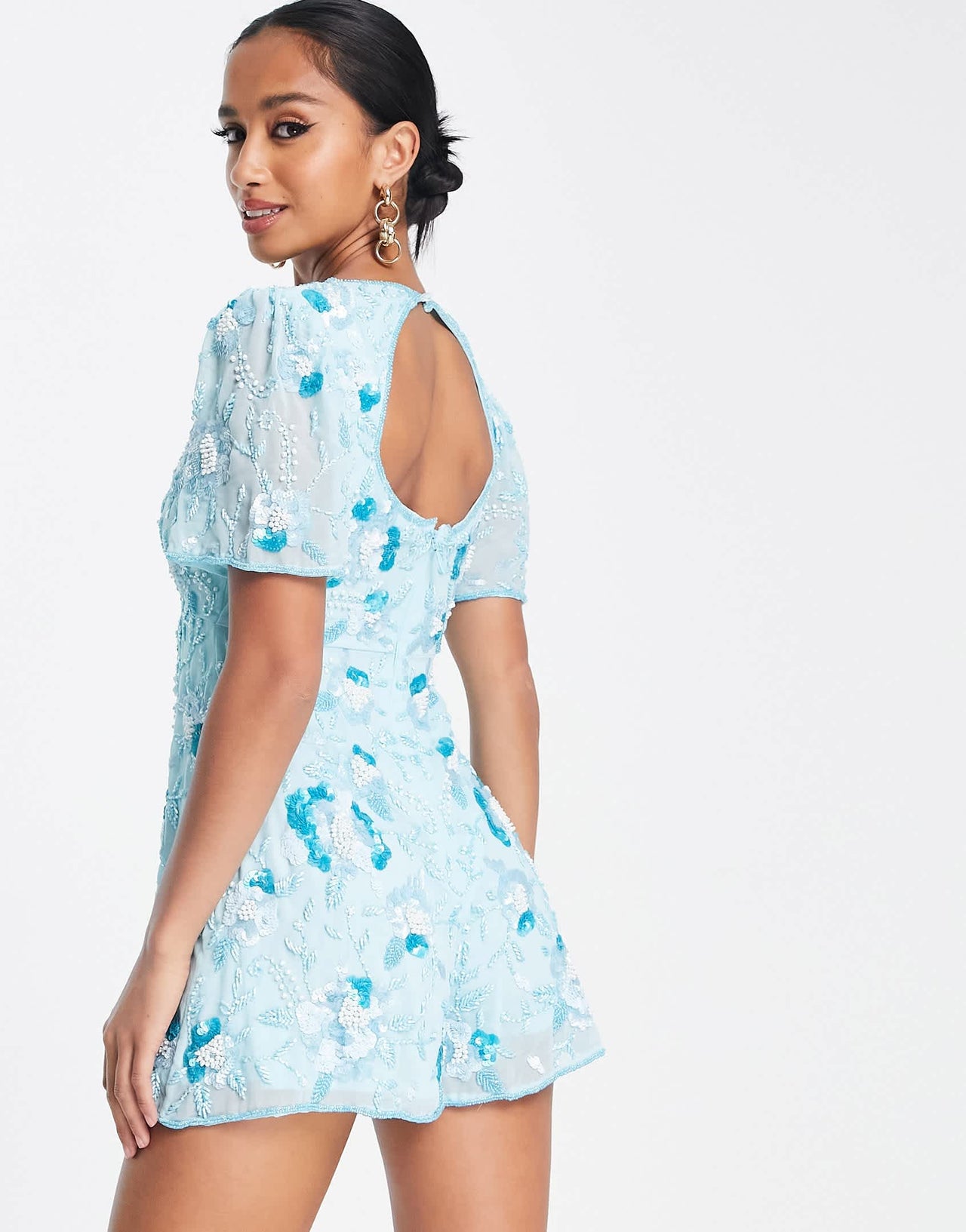 Miss Selfridge Petite Premium embellished backless playsuit in aqua