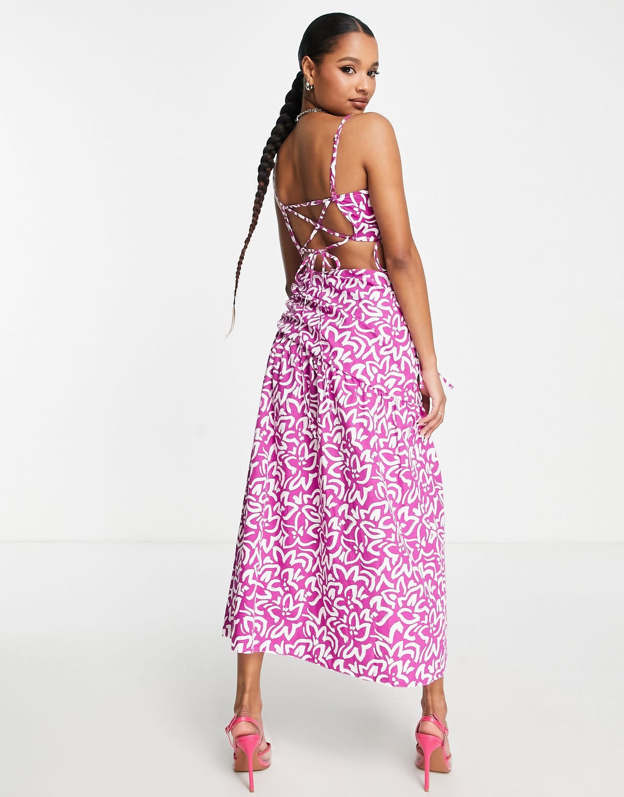 Topshop Petite ruch waist out about poplin midi dress in bold lilac floral