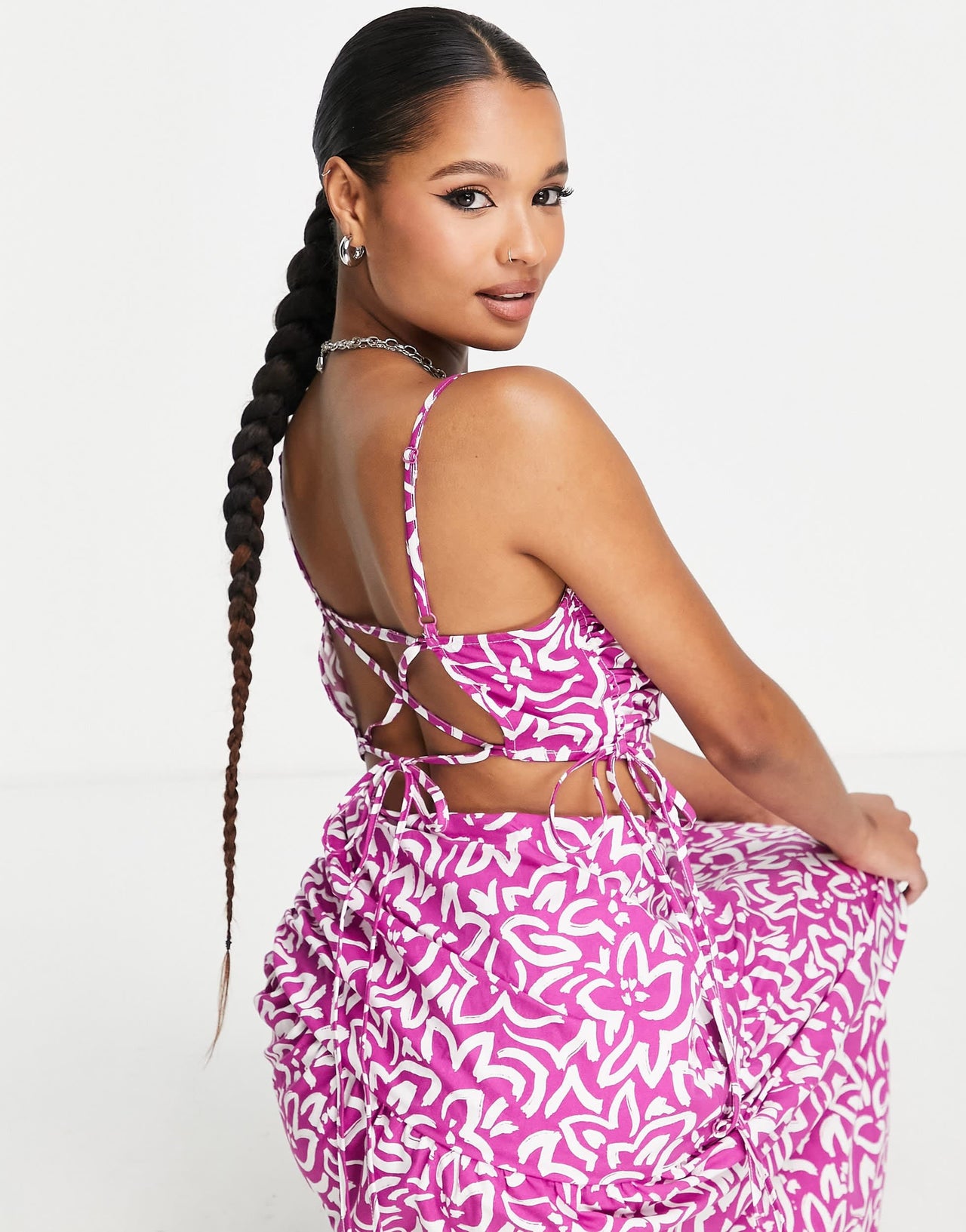 Topshop Petite ruch waist out about poplin midi dress in bold lilac floral