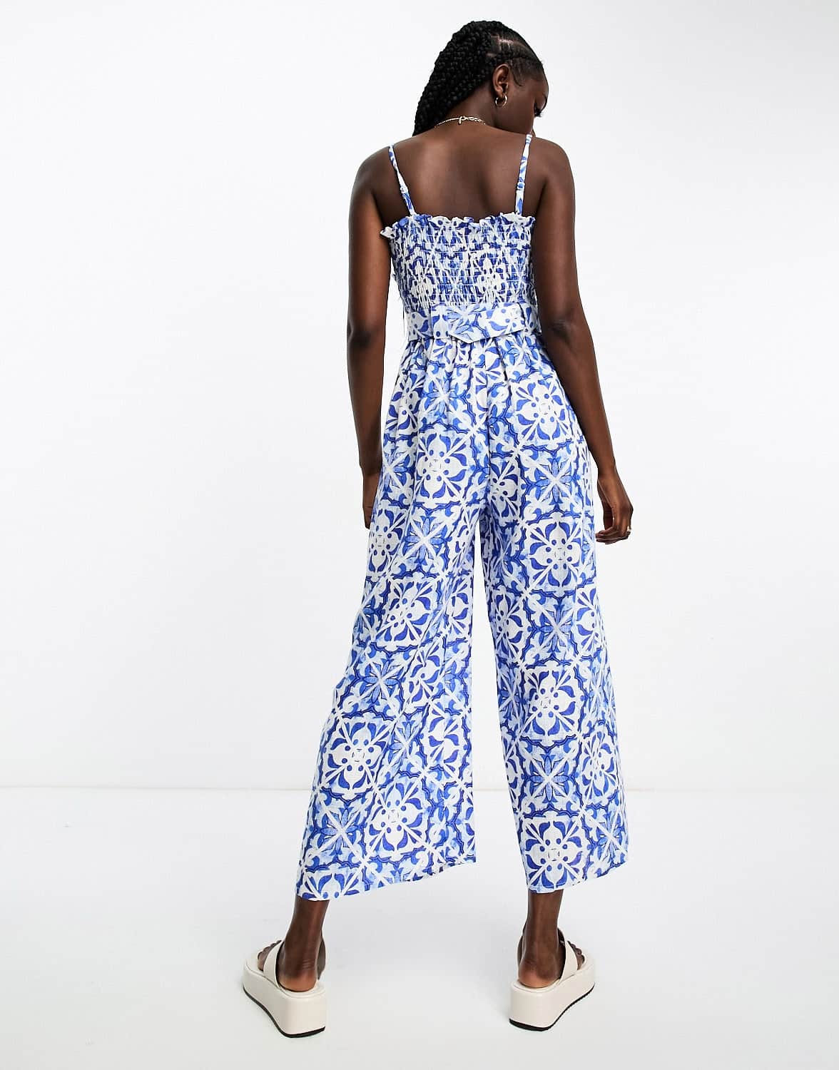 ASOS DESIGN linen shirred bodice belt jumpsuit in porcelain print