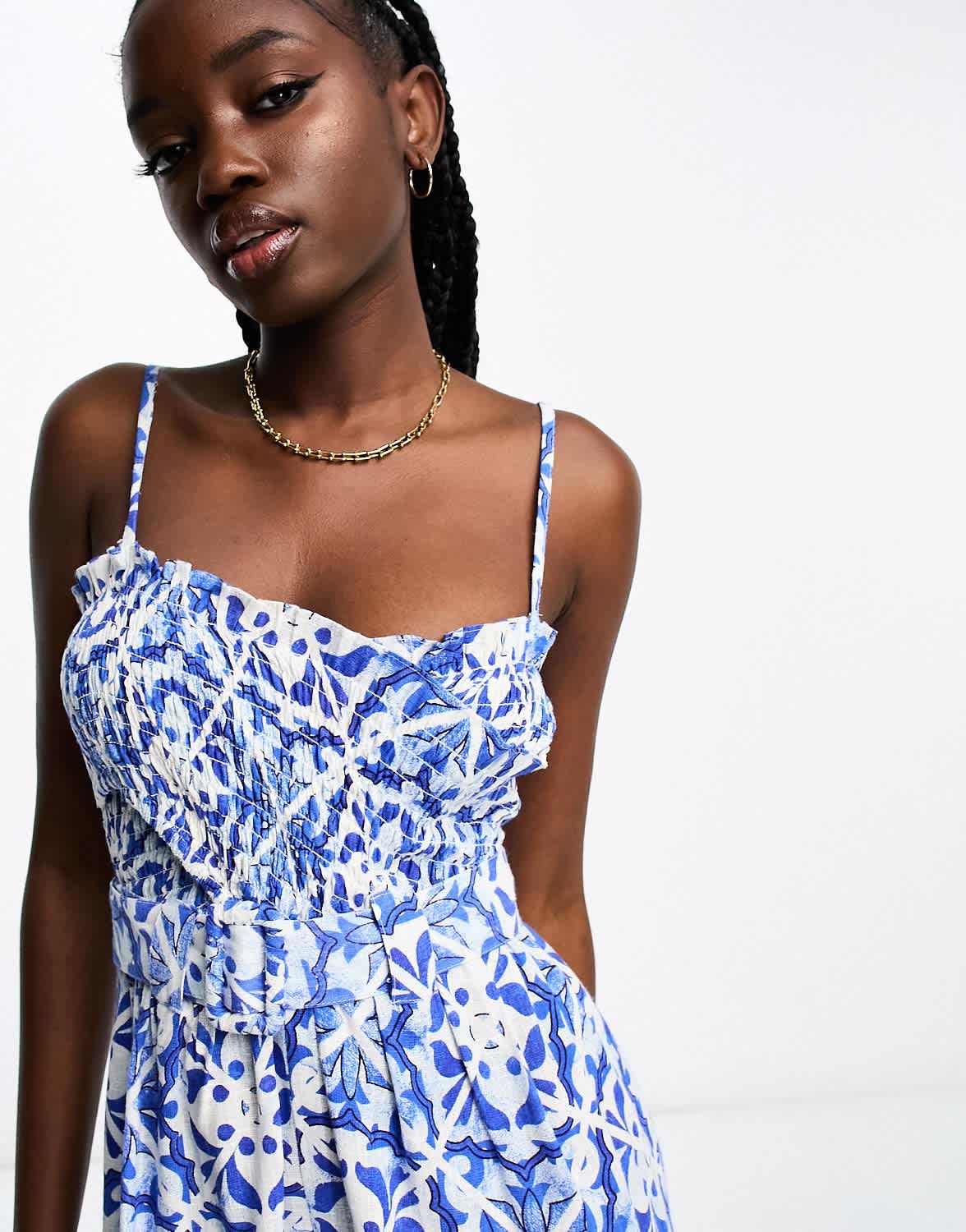 ASOS DESIGN linen shirred bodice belt jumpsuit in porcelain print