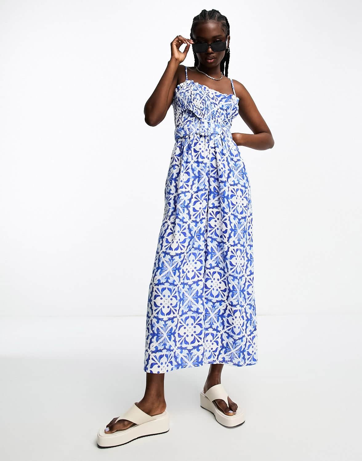 ASOS DESIGN linen shirred bodice belt jumpsuit in porcelain print