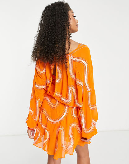 ASOS DESIGN Tall rouleaux loop tie waist mini dress with swirl embellishment in orange