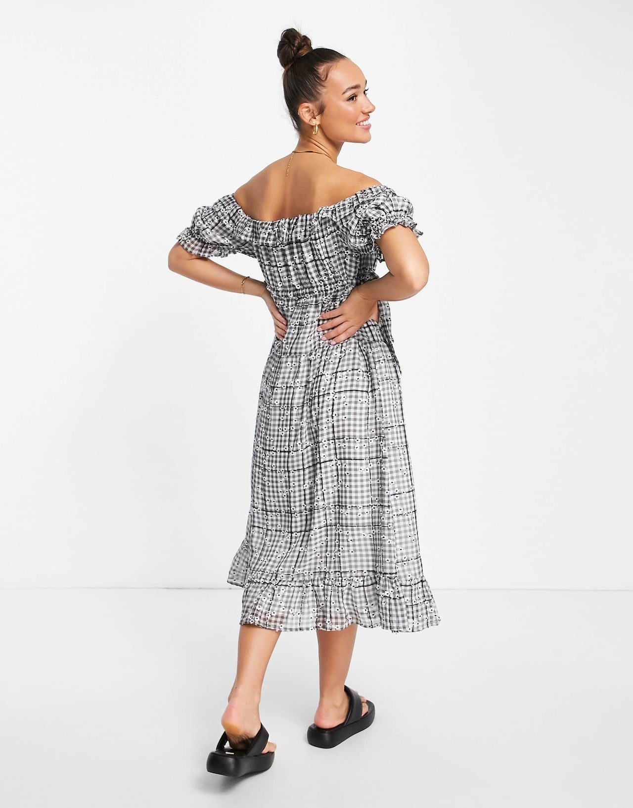 Lost Ink off the shoulder embellished gingham maxi dress in multi