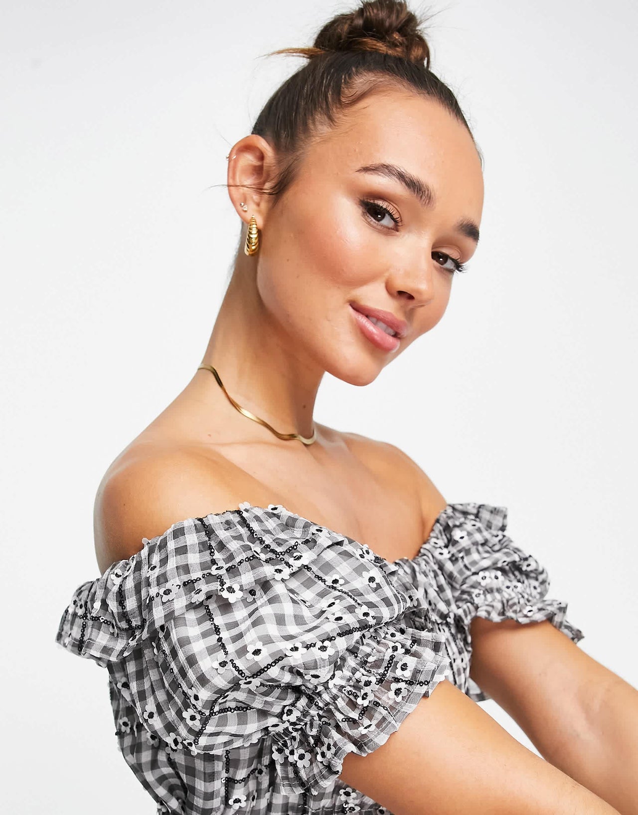 Lost Ink off the shoulder embellished gingham maxi dress in multi