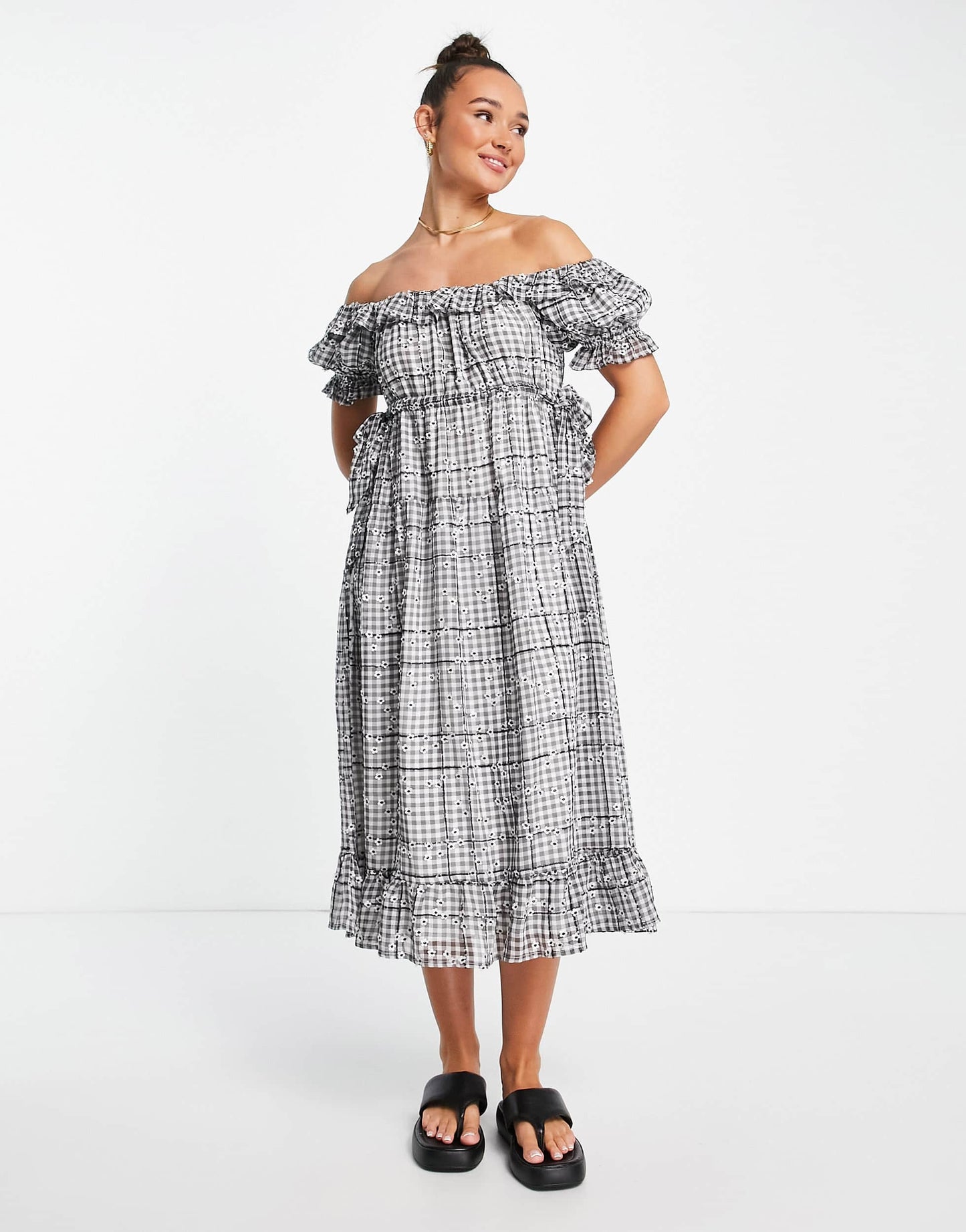 Lost Ink off the shoulder embellished gingham maxi dress in multi