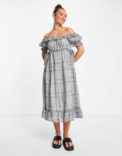 Lost Ink off the shoulder embellished gingham maxi dress in multi