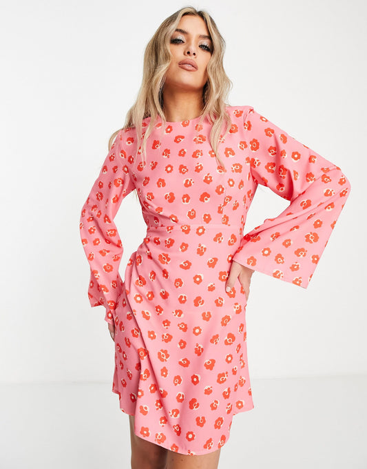 Twisted Wunder bell sleeve mini dress in painted floral