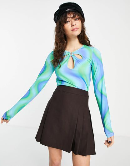 Bershka retro tie-dye cut out crop top in aqua