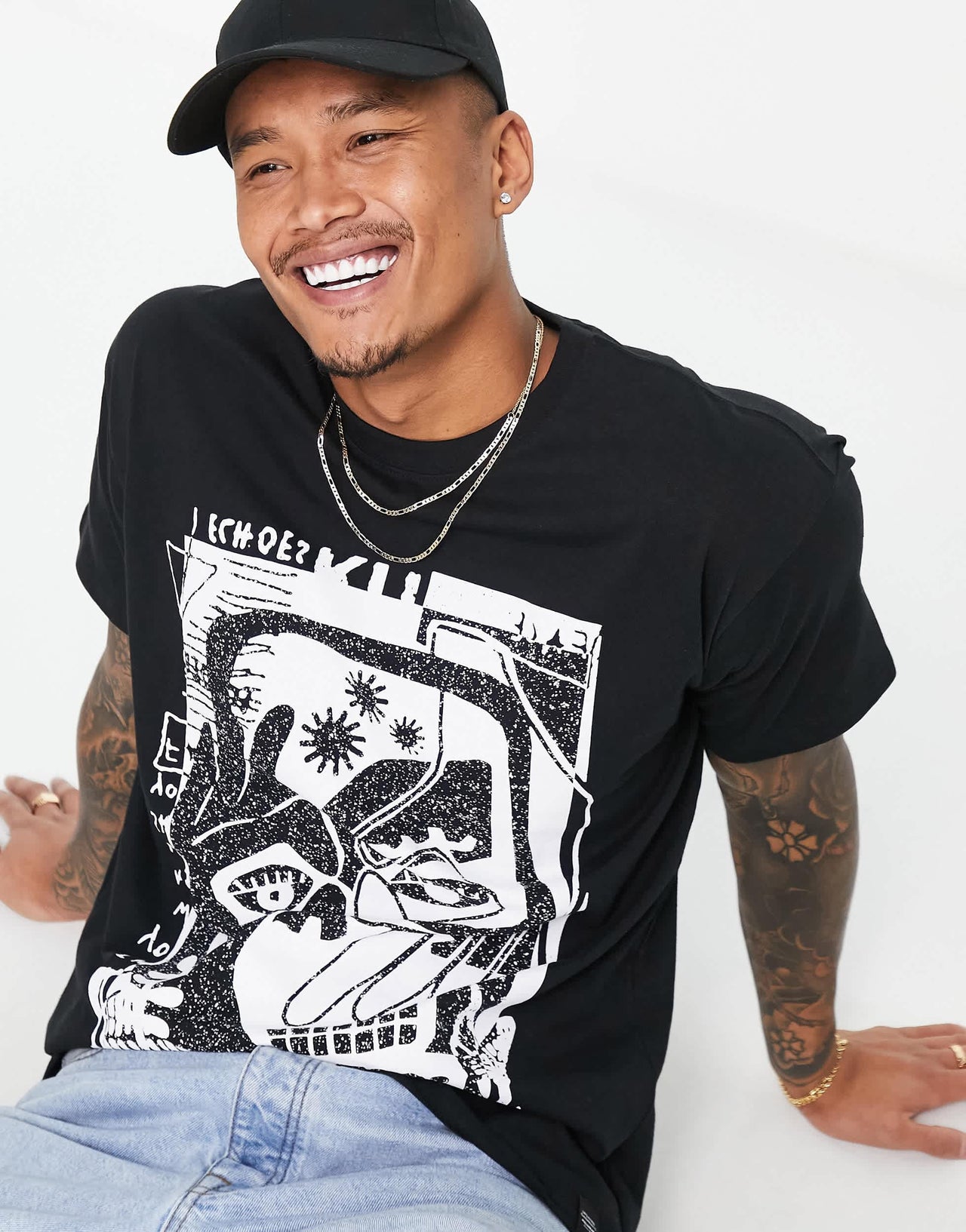 Pull&Bear art printed t-shirt in black